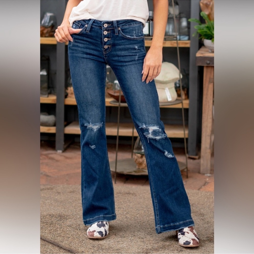 KanCan mid rise flare 13/30 NWT distressed denim casual wide leg